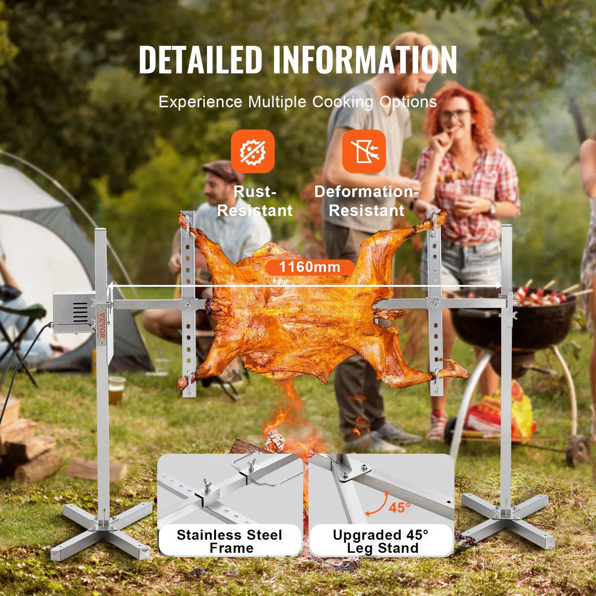 VEVOR 116.8 cm Electric BBQ Rotisserie Grill Kit, Stainless Steel Grill, for Pig or Lamb up to 59.9 kg