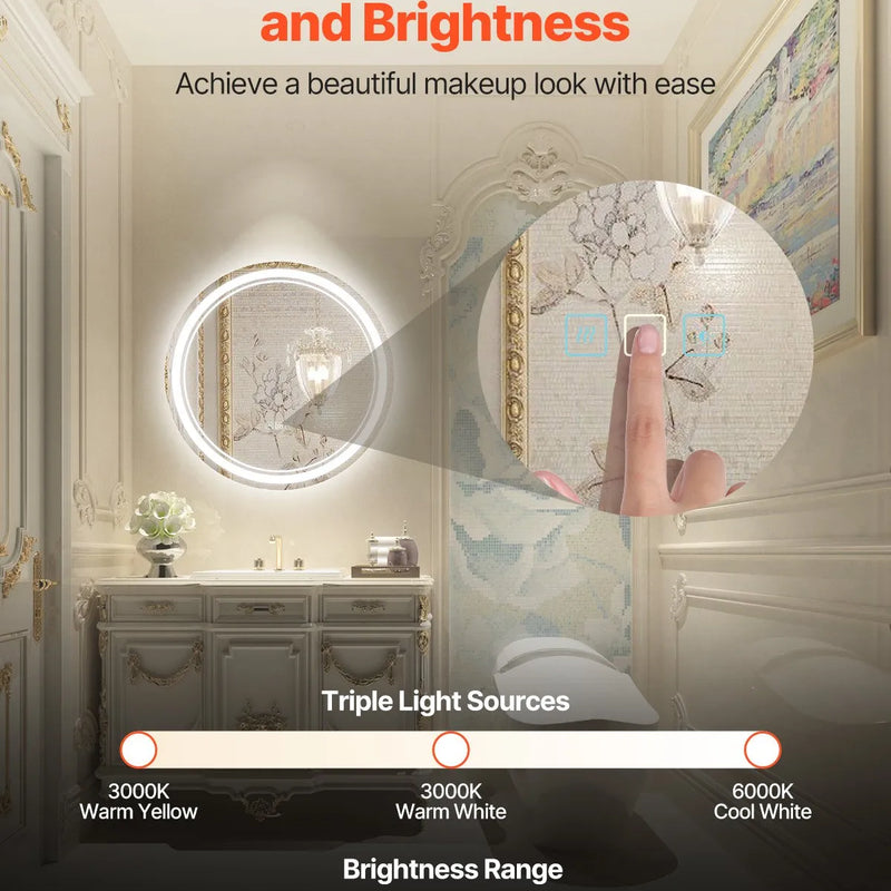 VEVOR LED vannas istabas spogulis, 60 cm apaļš LED sienas spogulis ar priekšējo un aizmugurējo apgaismojumu, pretaizsvīšanas funkciju un atmiņu, bezpakāpju 3 krāsu temperatūras regulējams apgaismojums