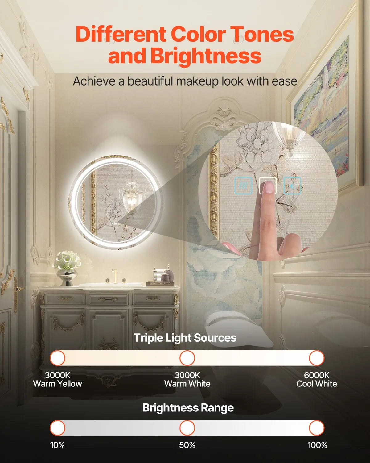 VEVOR LED Bathroom Mirror, 60 cm Round LED Wall Mirror with Front and Back Lighting, Anti-Fog Function and Memory, Dimmable 3 Colour Temperature Lighting