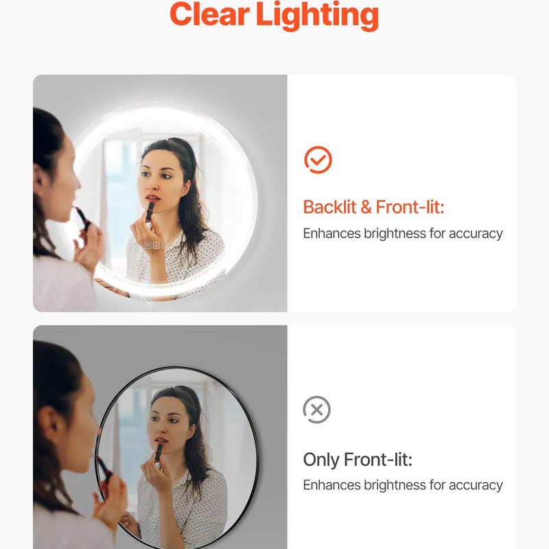 VEVOR LED vannas istabas spogulis, 60 cm apaļš LED sienas spogulis ar priekšējo un aizmugurējo apgaismojumu, pretaizsvīšanas funkciju un atmiņu, bezpakāpju 3 krāsu temperatūras regulējams apgaismojums