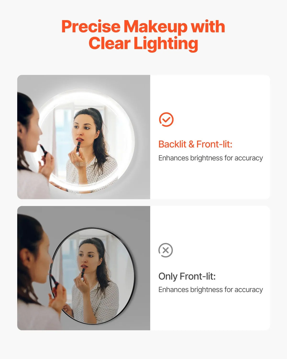 VEVOR LED Bathroom Mirror, 60 cm Round LED Wall Mirror with Front and Back Lighting, Anti-Fog Function and Memory, Dimmable 3 Colour Temperature Lighting