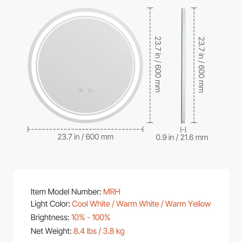 VEVOR LED vannas istabas spogulis, 60 cm apaļš LED sienas spogulis ar priekšējo un aizmugurējo apgaismojumu, pretaizsvīšanas funkciju un atmiņu, bezpakāpju 3 krāsu temperatūras regulējams apgaismojums