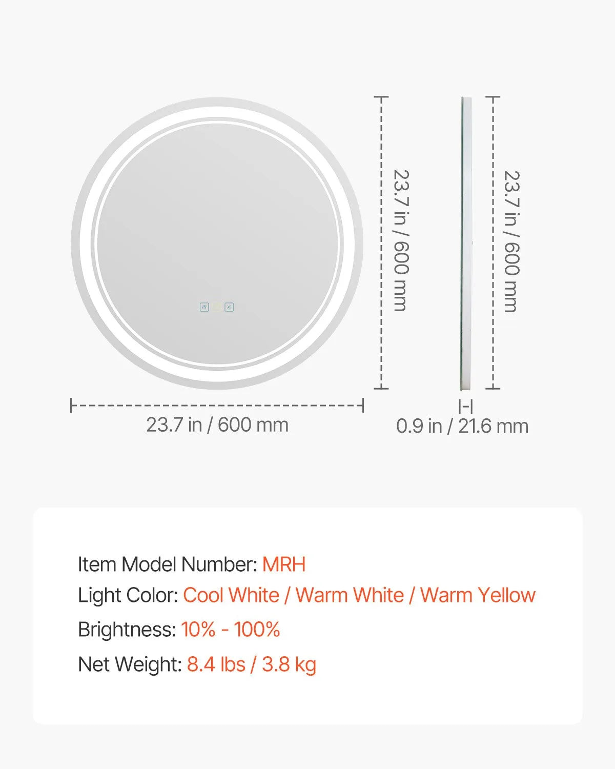 VEVOR LED Bathroom Mirror, 60 cm Round LED Wall Mirror with Front and Back Lighting, Anti-Fog Function and Memory, Dimmable 3 Colour Temperature Lighting