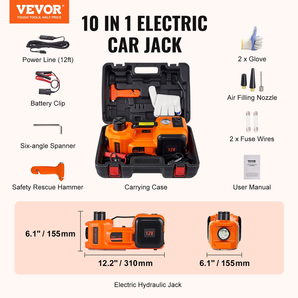 VEVOR Electric Hydraulic Car Floor Jack 5 Tonne 12V with Built-in Tyre Pump