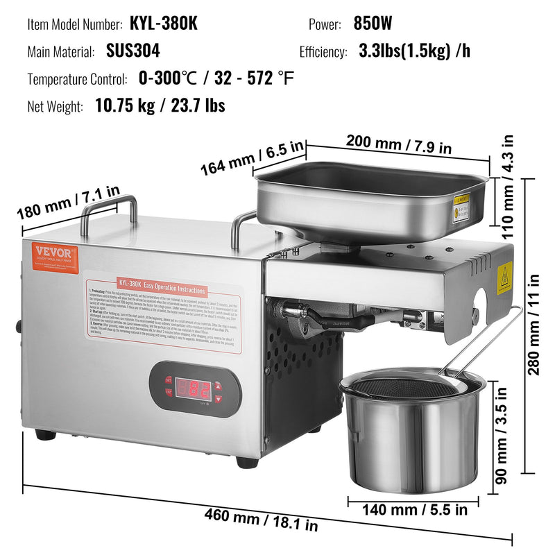 VEVOR elektriskā eļļas spiede, 850W, nerūsējošais tērauds, regulējama temperatūra 0-300°C, karstās presēšanas iekārta riekstiem, sezama, rapša un tējas sēklām