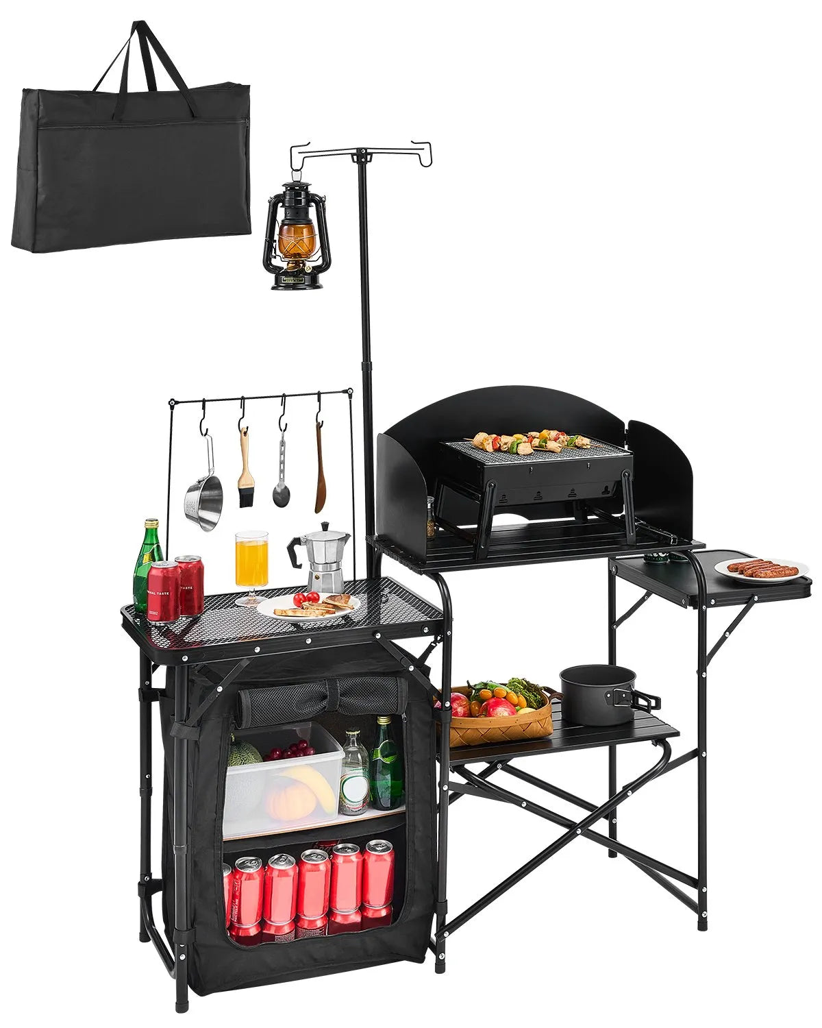 VEVOR Camping Kitchen Table, Outdoor Folding Aluminium Cooking Table with Storage Compartment, Removable Wind Shield and Carry Bag, Quick Setup for Picnics, BBQ, Camping and Caravan Trips, Black
