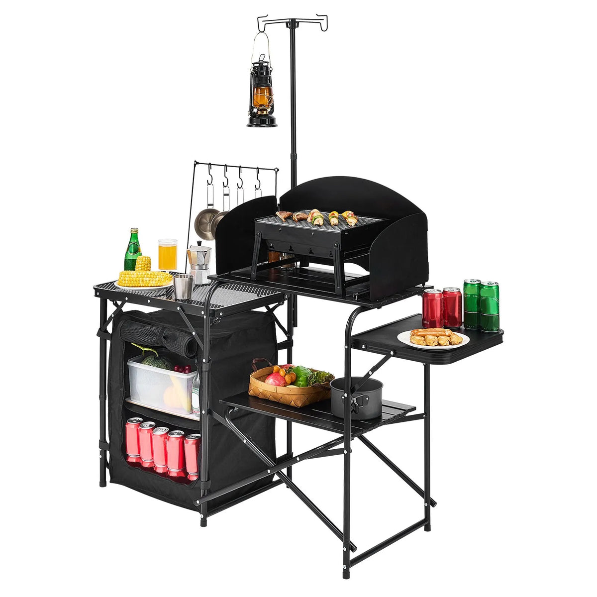 VEVOR Camping Kitchen Table, Outdoor Folding Aluminium Cooking Table with Storage Compartment, Removable Wind Shield and Carry Bag, Quick Setup for Picnics, BBQ, Camping and Caravan Trips, Black
