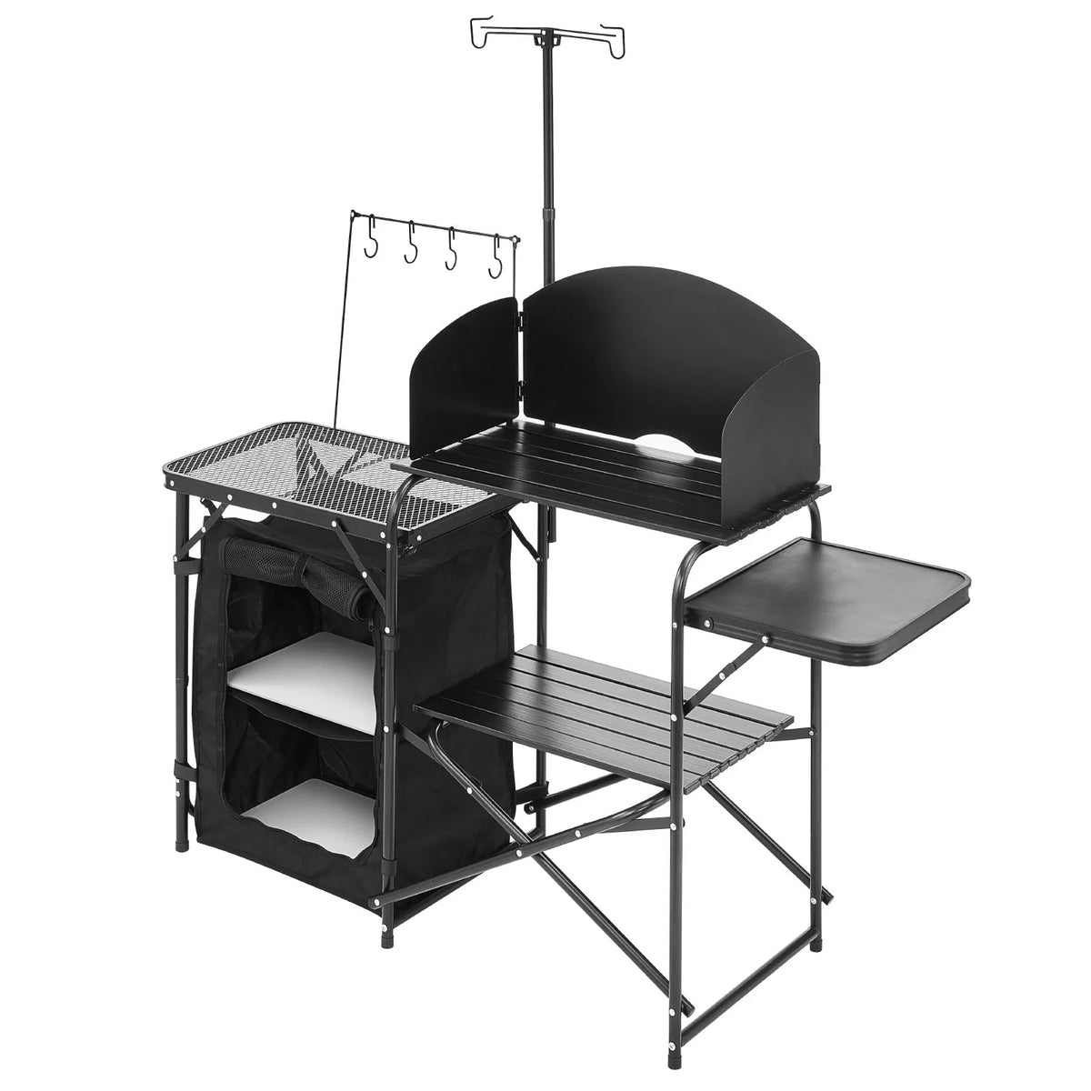 VEVOR Camping Kitchen Table, Outdoor Folding Aluminium Cooking Table with Storage Compartment, Removable Wind Shield and Carry Bag, Quick Setup for Picnics, BBQ, Camping and Caravan Trips, Black
