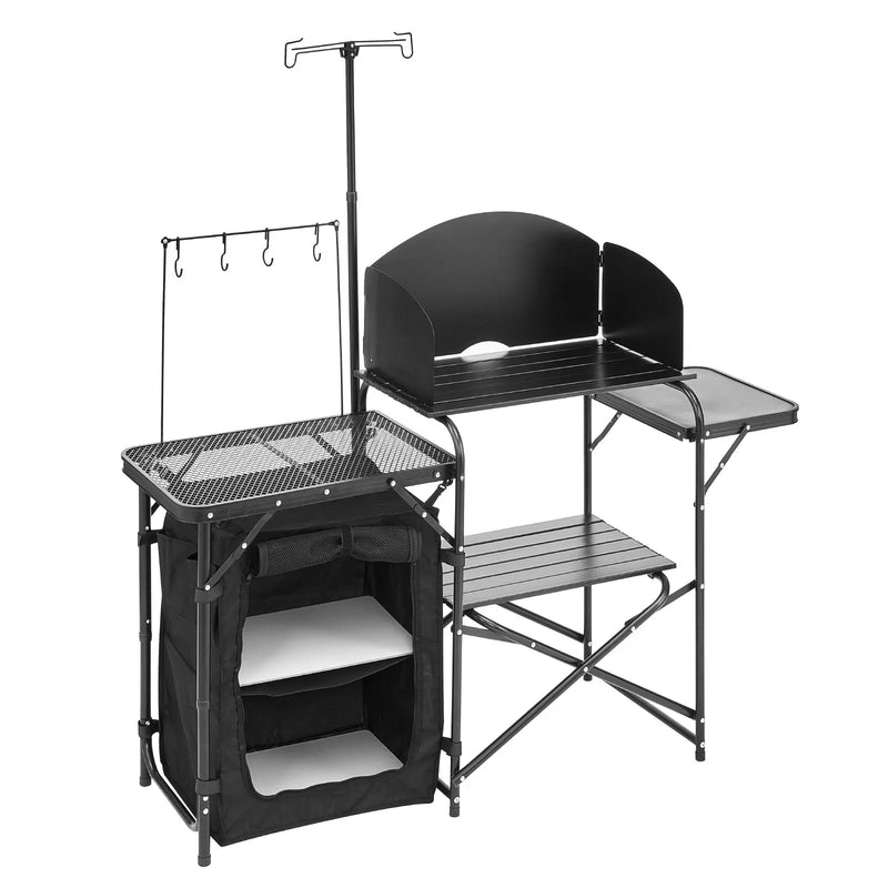 VEVOR kempinga virtuves galds, āra saliekamais alumīnija gatavošanas galds ar uzglabāšanas nodalījumu, noņemamu vēja aizsargu un pārnēsājamo somu, ātrai uzstādīšanai piknikos, BBQ, kempingos un ceļojumos ar kemperi, melns