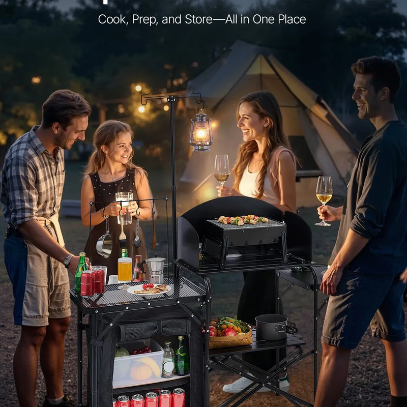 VEVOR kempinga virtuves galds, āra saliekamais alumīnija gatavošanas galds ar uzglabāšanas nodalījumu, noņemamu vēja aizsargu un pārnēsājamo somu, ātrai uzstādīšanai piknikos, BBQ, kempingos un ceļojumos ar kemperi, melns