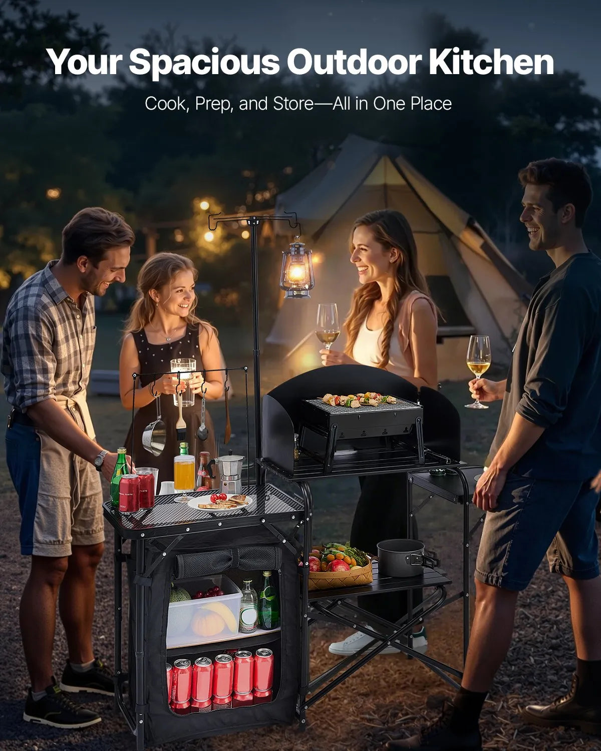 VEVOR Camping Kitchen Table, Outdoor Folding Aluminium Cooking Table with Storage Compartment, Removable Wind Shield and Carry Bag, Quick Setup for Picnics, BBQ, Camping and Caravan Trips, Black