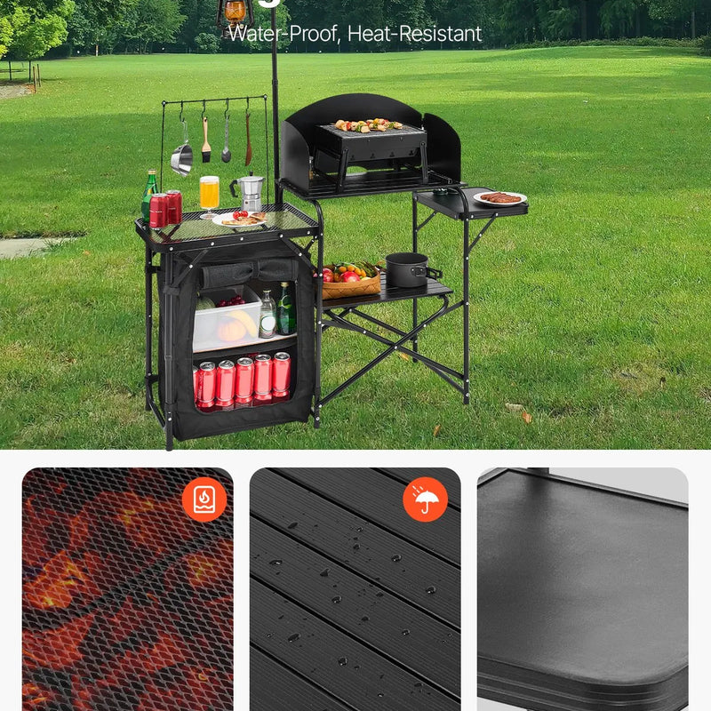 VEVOR kempinga virtuves galds, āra saliekamais alumīnija gatavošanas galds ar uzglabāšanas nodalījumu, noņemamu vēja aizsargu un pārnēsājamo somu, ātrai uzstādīšanai piknikos, BBQ, kempingos un ceļojumos ar kemperi, melns