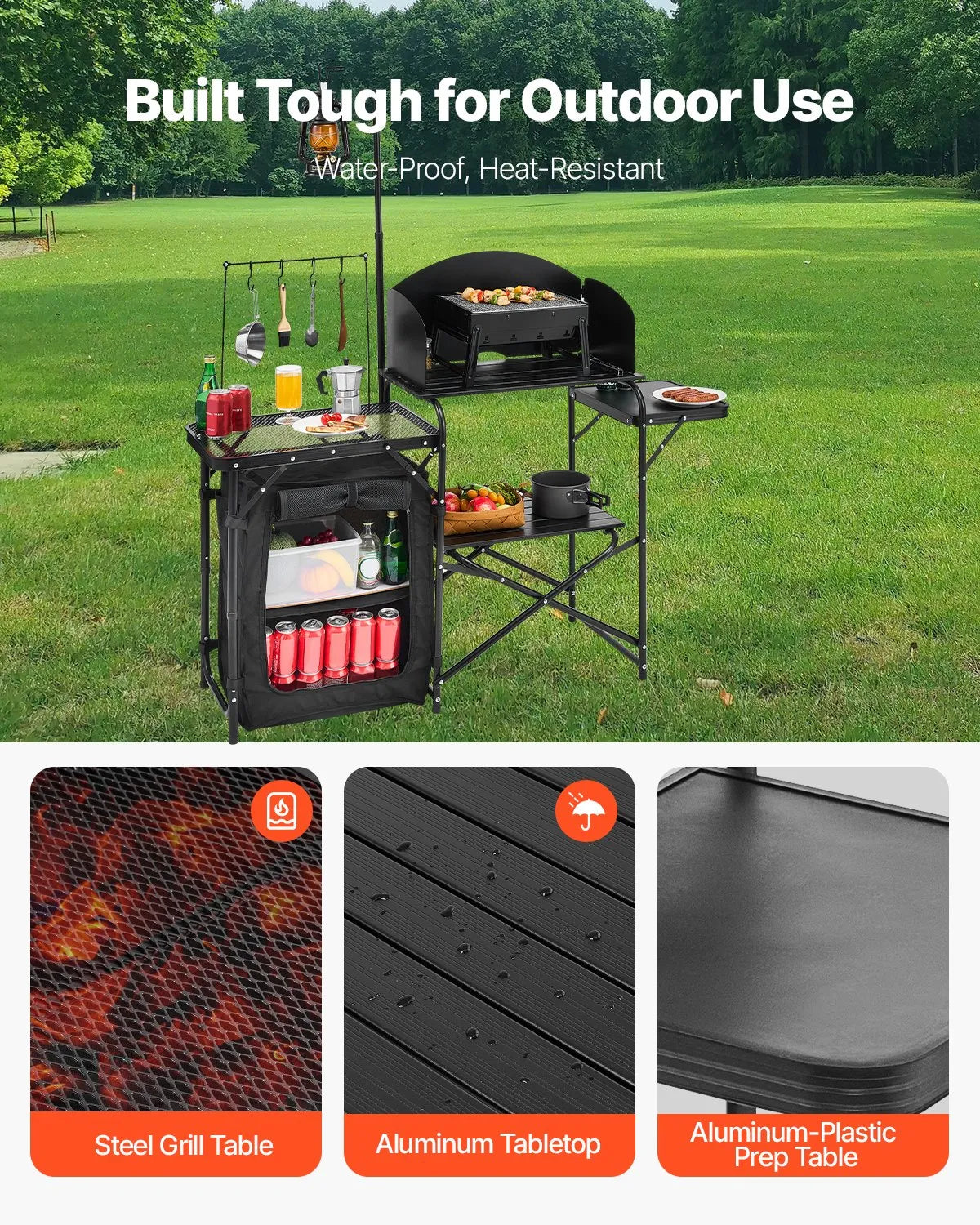 VEVOR Camping Kitchen Table, Outdoor Folding Aluminium Cooking Table with Storage Compartment, Removable Wind Shield and Carry Bag, Quick Setup for Picnics, BBQ, Camping and Caravan Trips, Black