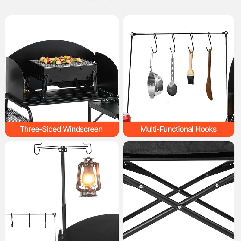 VEVOR kempinga virtuves galds, āra saliekamais alumīnija gatavošanas galds ar uzglabāšanas nodalījumu, noņemamu vēja aizsargu un pārnēsājamo somu, ātrai uzstādīšanai piknikos, BBQ, kempingos un ceļojumos ar kemperi, melns