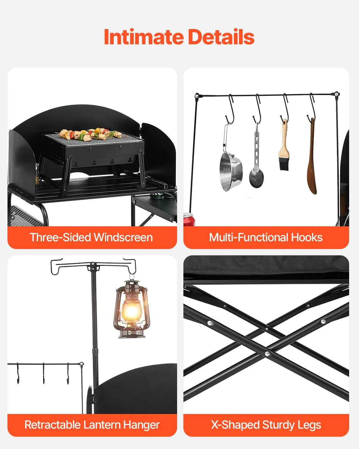 VEVOR Camping Kitchen Table, Outdoor Folding Aluminium Cooking Table with Storage Compartment, Removable Wind Shield and Carry Bag, Quick Setup for Picnics, BBQ, Camping and Caravan Trips, Black
