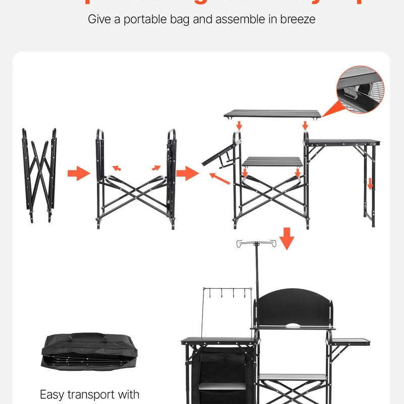 VEVOR kempinga virtuves galds, āra saliekamais alumīnija gatavošanas galds ar uzglabāšanas nodalījumu, noņemamu vēja aizsargu un pārnēsājamo somu, ātrai uzstādīšanai piknikos, BBQ, kempingos un ceļojumos ar kemperi, melns
