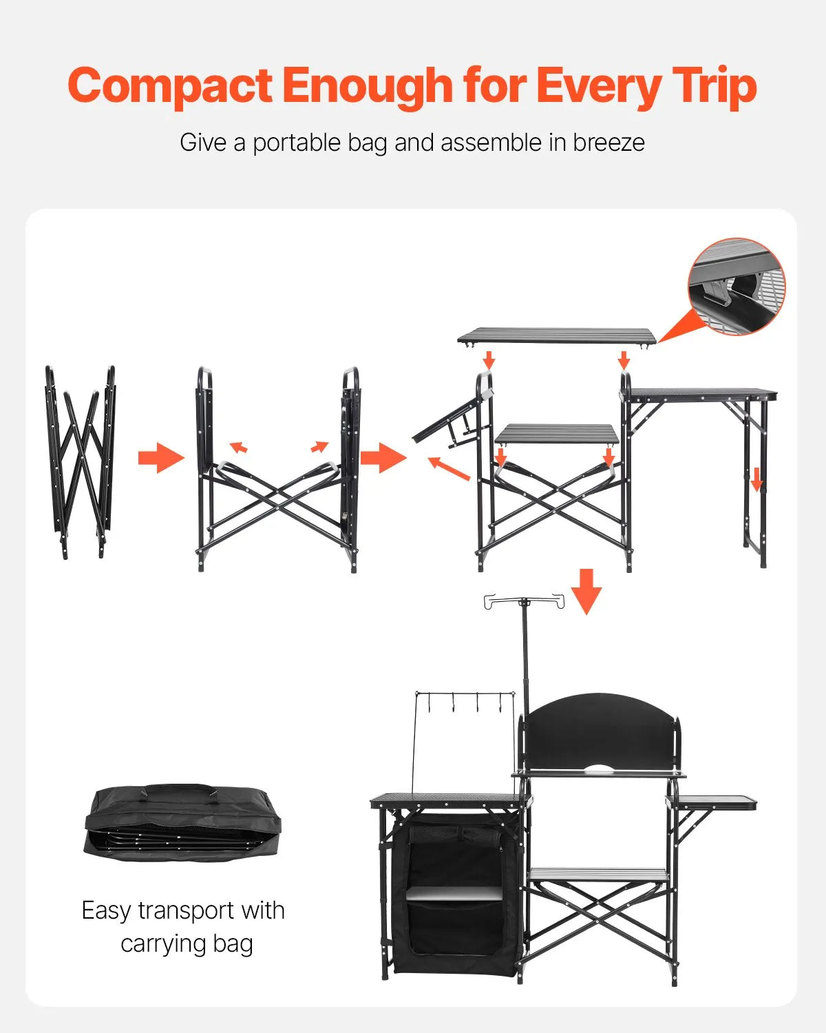 VEVOR Camping Kitchen Table, Outdoor Folding Aluminium Cooking Table with Storage Compartment, Removable Wind Shield and Carry Bag, Quick Setup for Picnics, BBQ, Camping and Caravan Trips, Black
