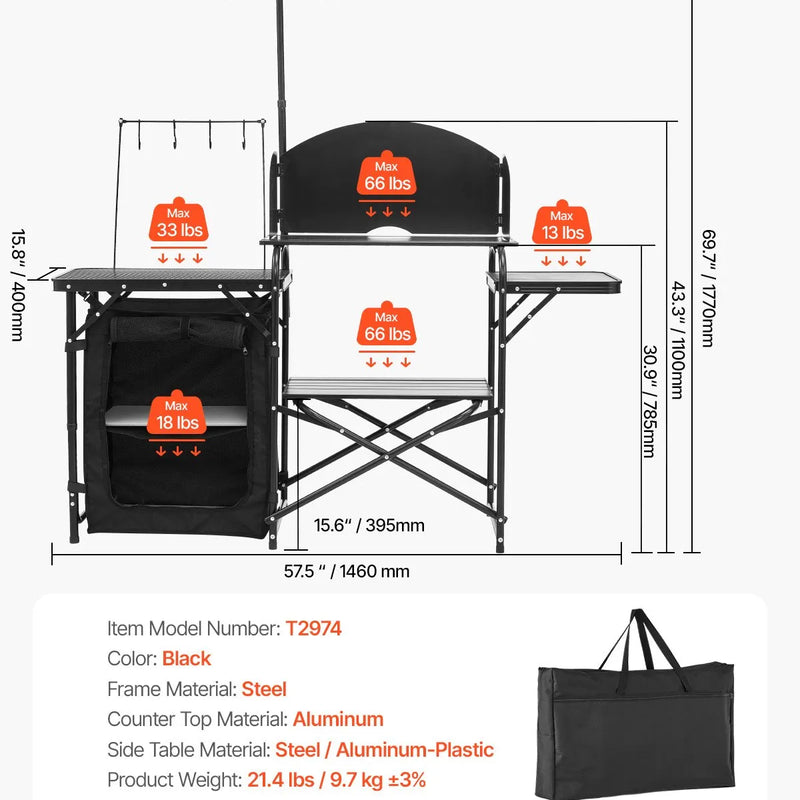 VEVOR kempinga virtuves galds, āra saliekamais alumīnija gatavošanas galds ar uzglabāšanas nodalījumu, noņemamu vēja aizsargu un pārnēsājamo somu, ātrai uzstādīšanai piknikos, BBQ, kempingos un ceļojumos ar kemperi, melns