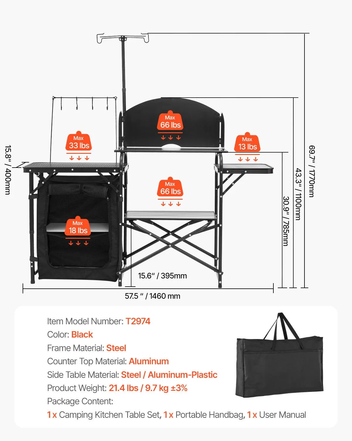 VEVOR Camping Kitchen Table, Outdoor Folding Aluminium Cooking Table with Storage Compartment, Removable Wind Shield and Carry Bag, Quick Setup for Picnics, BBQ, Camping and Caravan Trips, Black