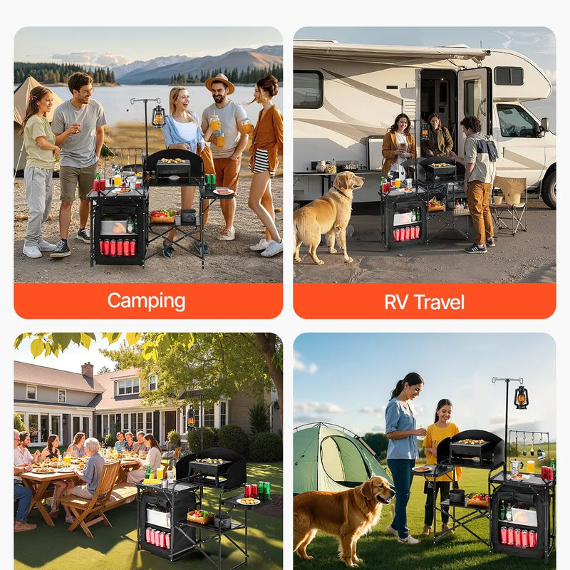 VEVOR kempinga virtuves galds, āra saliekamais alumīnija gatavošanas galds ar uzglabāšanas nodalījumu, noņemamu vēja aizsargu un pārnēsājamo somu, ātrai uzstādīšanai piknikos, BBQ, kempingos un ceļojumos ar kemperi, melns