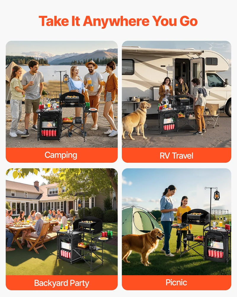 VEVOR kempinga virtuves galds, āra saliekamais alumīnija gatavošanas galds ar uzglabāšanas nodalījumu, noņemamu vēja aizsargu un pārnēsājamo somu, ātrai uzstādīšanai piknikos, BBQ, kempingos un ceļojumos ar kemperi, melns