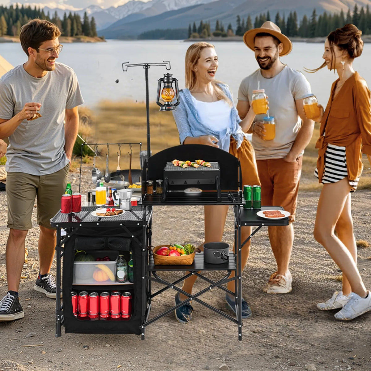 VEVOR Camping Kitchen Table, Outdoor Folding Aluminium Cooking Table with Storage Compartment, Removable Wind Shield and Carry Bag, Quick Setup for Picnics, BBQ, Camping and Caravan Trips, Black