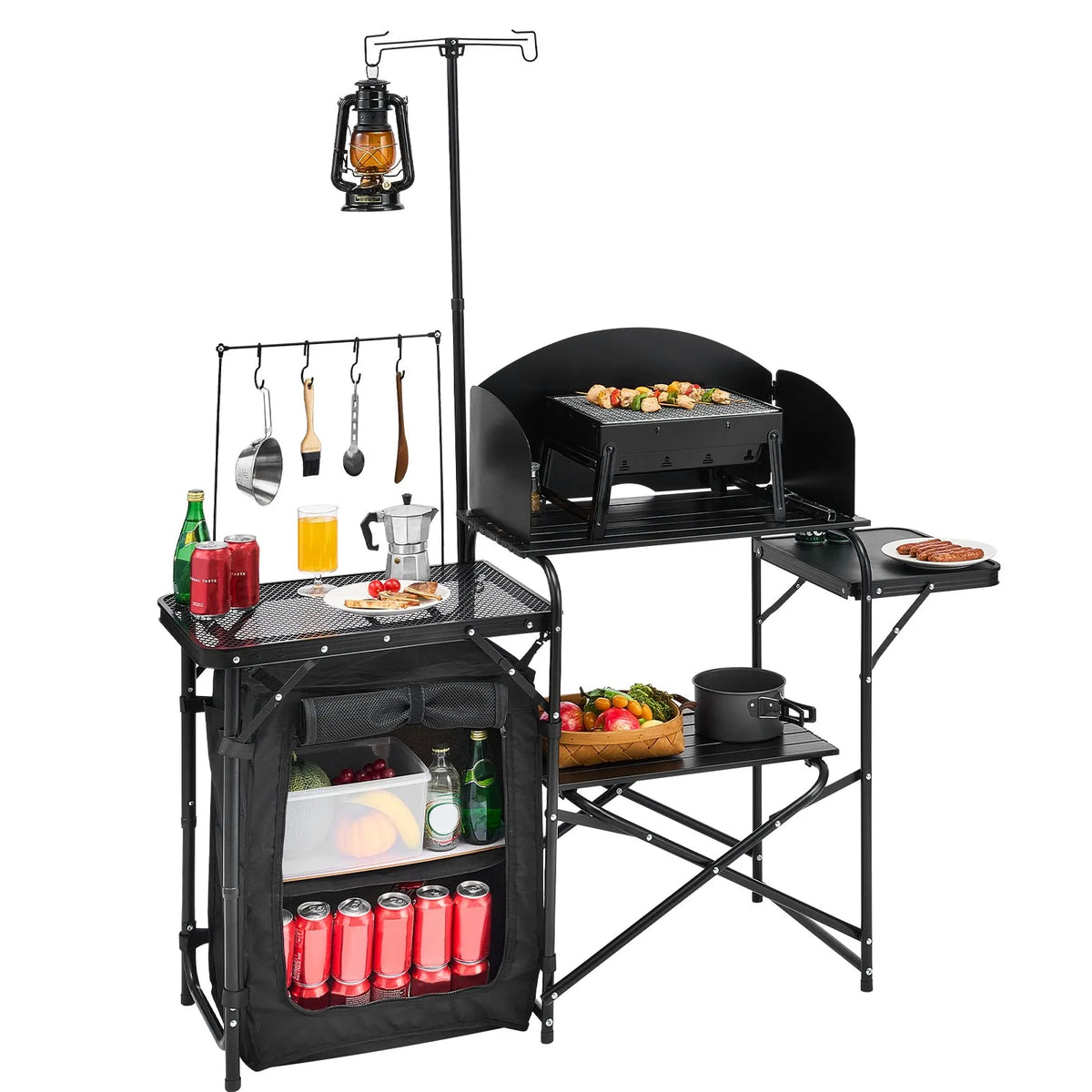 VEVOR Camping Kitchen Table, Outdoor Folding Aluminium Cooking Table with Storage Compartment, Removable Wind Shield and Carry Bag, Quick Setup for Picnics, BBQ, Camping and Caravan Trips, Black