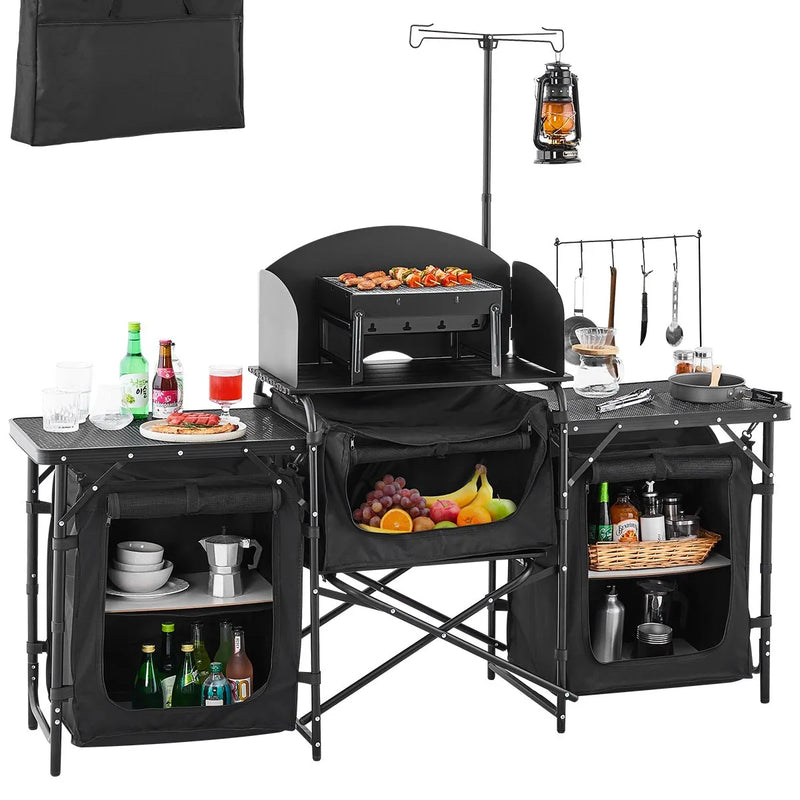 VEVOR kempinga virtuves galds, āra saliekamais alumīnija gatavošanas galds ar 3 uzglabāšanas nodalījumiem, noņemamu vēja aizsargu un pārnēsājamo somu, ātrai uzstādīšanai piknikos, BBQ, kempingos un ceļojumos ar kemperi, melns