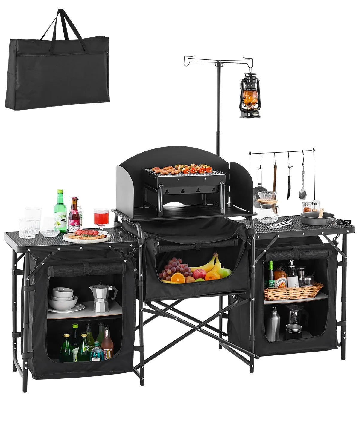 VEVOR camping kitchen table, outdoor folding aluminium cooking table with 3 storage compartments, removable windscreen and carry bag, quick setup for picnics, BBQ, camping and caravan trips, black