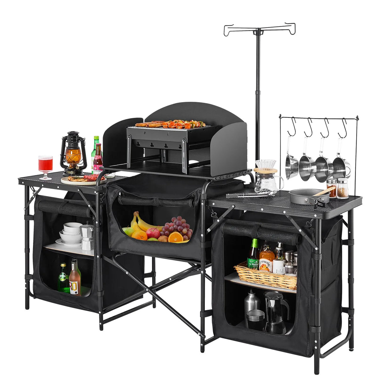 VEVOR camping kitchen table, outdoor folding aluminium cooking table with 3 storage compartments, removable windscreen and carry bag, quick setup for picnics, BBQ, camping and caravan trips, black