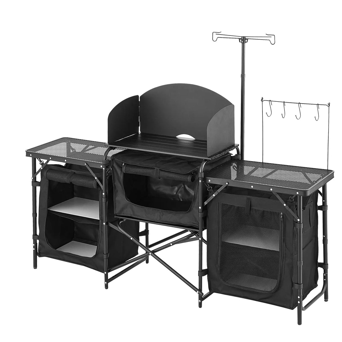 VEVOR camping kitchen table, outdoor folding aluminium cooking table with 3 storage compartments, removable windscreen and carry bag, quick setup for picnics, BBQ, camping and caravan trips, black