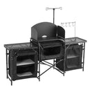 VEVOR kempinga virtuves galds, āra saliekamais alumīnija gatavošanas galds ar 3 uzglabāšanas nodalījumiem, noņemamu vēja aizsargu un pārnēsājamo somu, ātrai uzstādīšanai piknikos, BBQ, kempingos un ceļojumos ar kemperi, melns