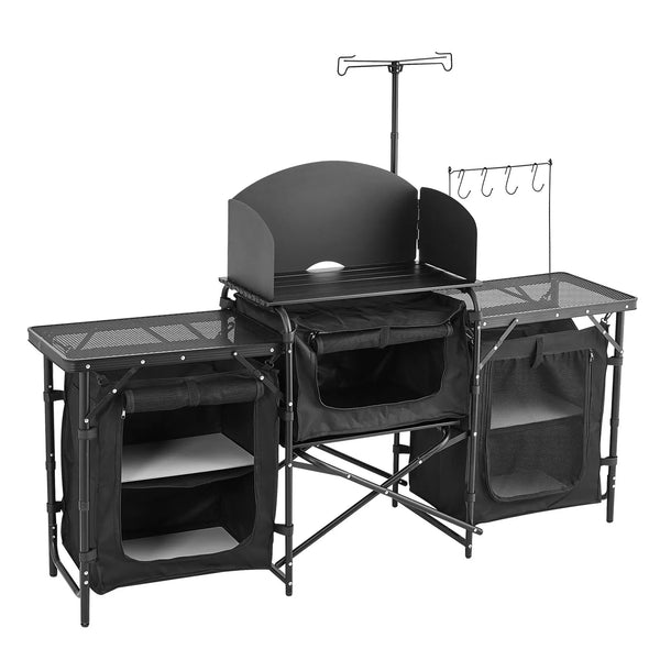 VEVOR kempinga virtuves galds, āra saliekamais alumīnija gatavošanas galds ar 3 uzglabāšanas nodalījumiem, noņemamu vēja aizsargu un pārnēsājamo somu, ātrai uzstādīšanai piknikos, BBQ, kempingos un ceļojumos ar kemperi, melns