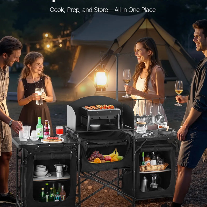 VEVOR kempinga virtuves galds, āra saliekamais alumīnija gatavošanas galds ar 3 uzglabāšanas nodalījumiem, noņemamu vēja aizsargu un pārnēsājamo somu, ātrai uzstādīšanai piknikos, BBQ, kempingos un ceļojumos ar kemperi, melns