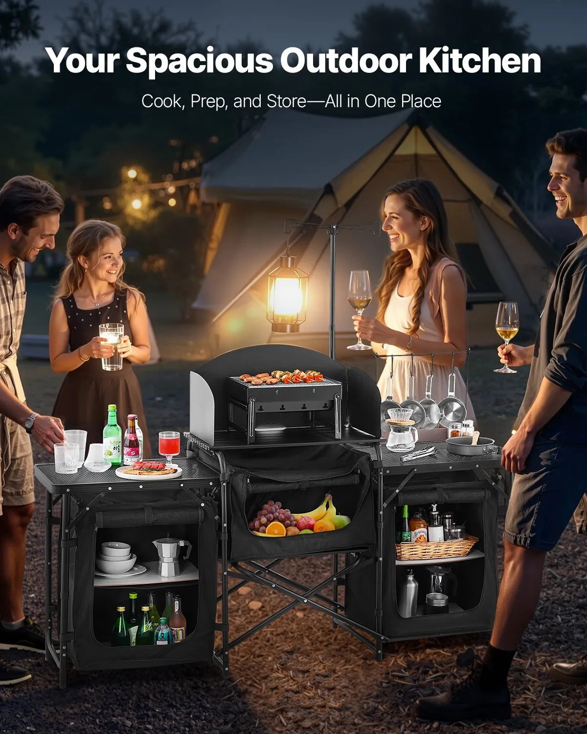 VEVOR camping kitchen table, outdoor folding aluminium cooking table with 3 storage compartments, removable windscreen and carry bag, quick setup for picnics, BBQ, camping and caravan trips, black