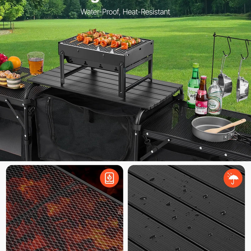 VEVOR kempinga virtuves galds, āra saliekamais alumīnija gatavošanas galds ar 3 uzglabāšanas nodalījumiem, noņemamu vēja aizsargu un pārnēsājamo somu, ātrai uzstādīšanai piknikos, BBQ, kempingos un ceļojumos ar kemperi, melns