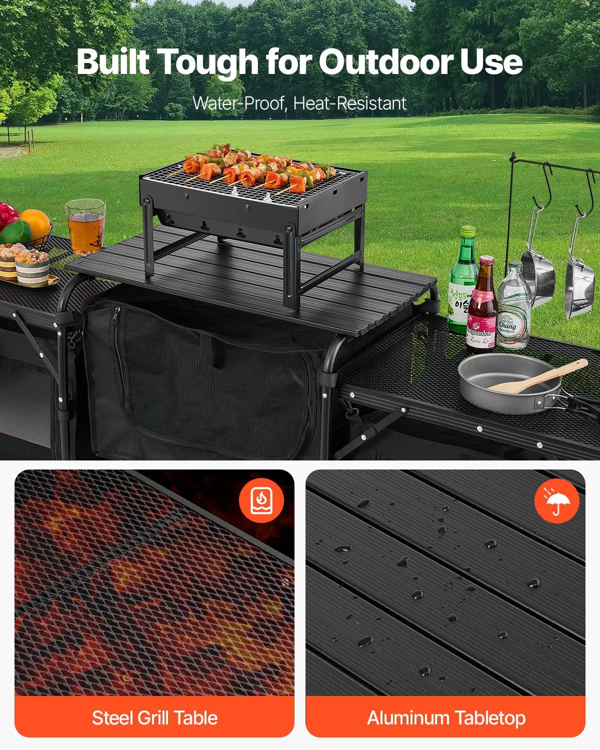 VEVOR camping kitchen table, outdoor folding aluminium cooking table with 3 storage compartments, removable windscreen and carry bag, quick setup for picnics, BBQ, camping and caravan trips, black