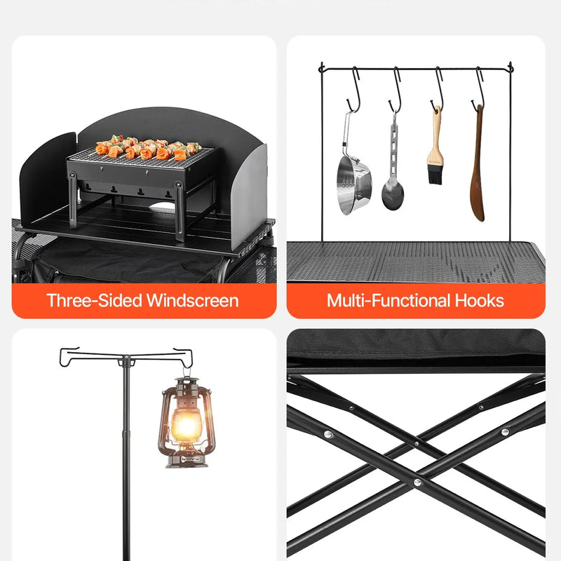 VEVOR kempinga virtuves galds, āra saliekamais alumīnija gatavošanas galds ar 3 uzglabāšanas nodalījumiem, noņemamu vēja aizsargu un pārnēsājamo somu, ātrai uzstādīšanai piknikos, BBQ, kempingos un ceļojumos ar kemperi, melns