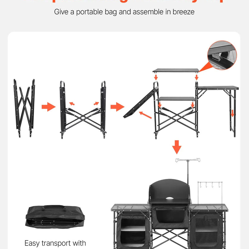 VEVOR kempinga virtuves galds, āra saliekamais alumīnija gatavošanas galds ar 3 uzglabāšanas nodalījumiem, noņemamu vēja aizsargu un pārnēsājamo somu, ātrai uzstādīšanai piknikos, BBQ, kempingos un ceļojumos ar kemperi, melns