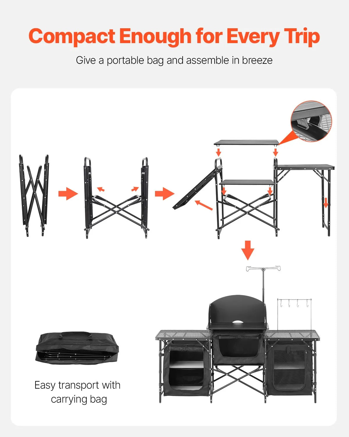 VEVOR camping kitchen table, outdoor folding aluminium cooking table with 3 storage compartments, removable windscreen and carry bag, quick setup for picnics, BBQ, camping and caravan trips, black