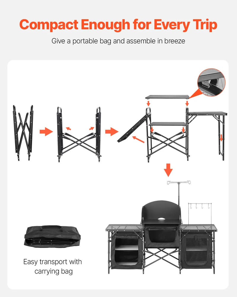 VEVOR kempinga virtuves galds, āra saliekamais alumīnija gatavošanas galds ar 3 uzglabāšanas nodalījumiem, noņemamu vēja aizsargu un pārnēsājamo somu, ātrai uzstādīšanai piknikos, BBQ, kempingos un ceļojumos ar kemperi, melns