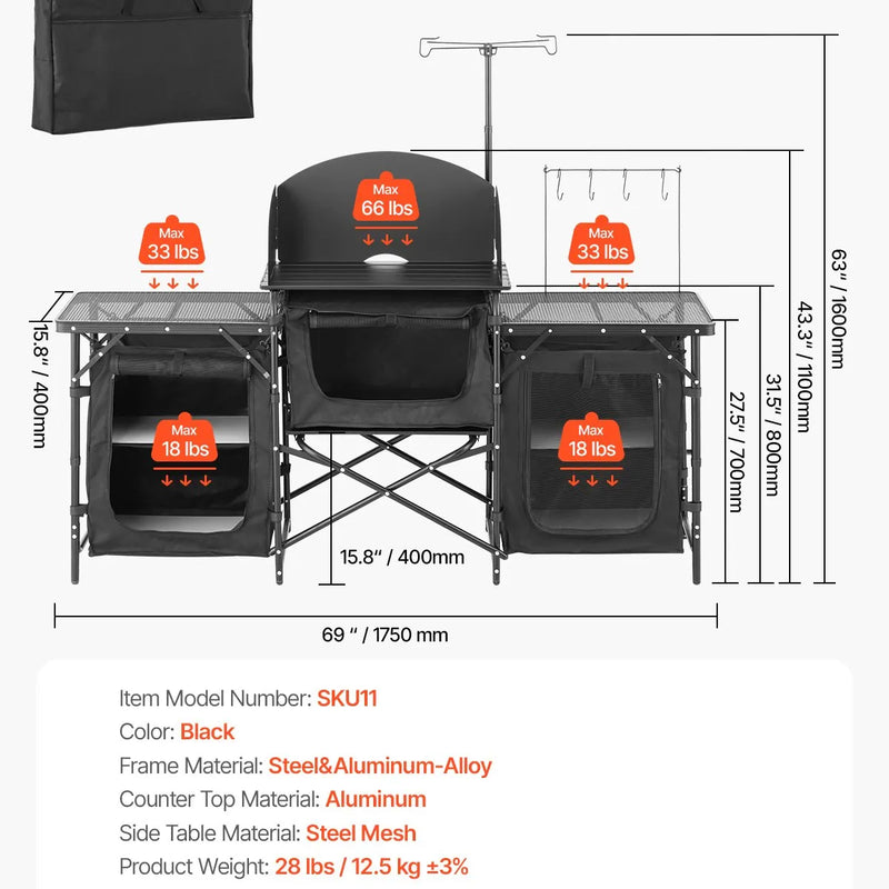 VEVOR kempinga virtuves galds, āra saliekamais alumīnija gatavošanas galds ar 3 uzglabāšanas nodalījumiem, noņemamu vēja aizsargu un pārnēsājamo somu, ātrai uzstādīšanai piknikos, BBQ, kempingos un ceļojumos ar kemperi, melns