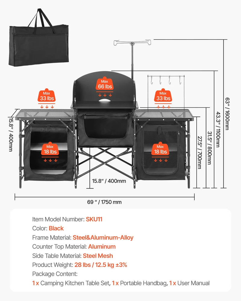 VEVOR kempinga virtuves galds, āra saliekamais alumīnija gatavošanas galds ar 3 uzglabāšanas nodalījumiem, noņemamu vēja aizsargu un pārnēsājamo somu, ātrai uzstādīšanai piknikos, BBQ, kempingos un ceļojumos ar kemperi, melns