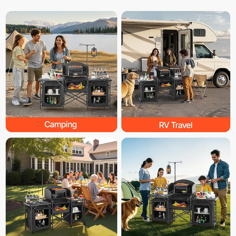 VEVOR kempinga virtuves galds, āra saliekamais alumīnija gatavošanas galds ar 3 uzglabāšanas nodalījumiem, noņemamu vēja aizsargu un pārnēsājamo somu, ātrai uzstādīšanai piknikos, BBQ, kempingos un ceļojumos ar kemperi, melns