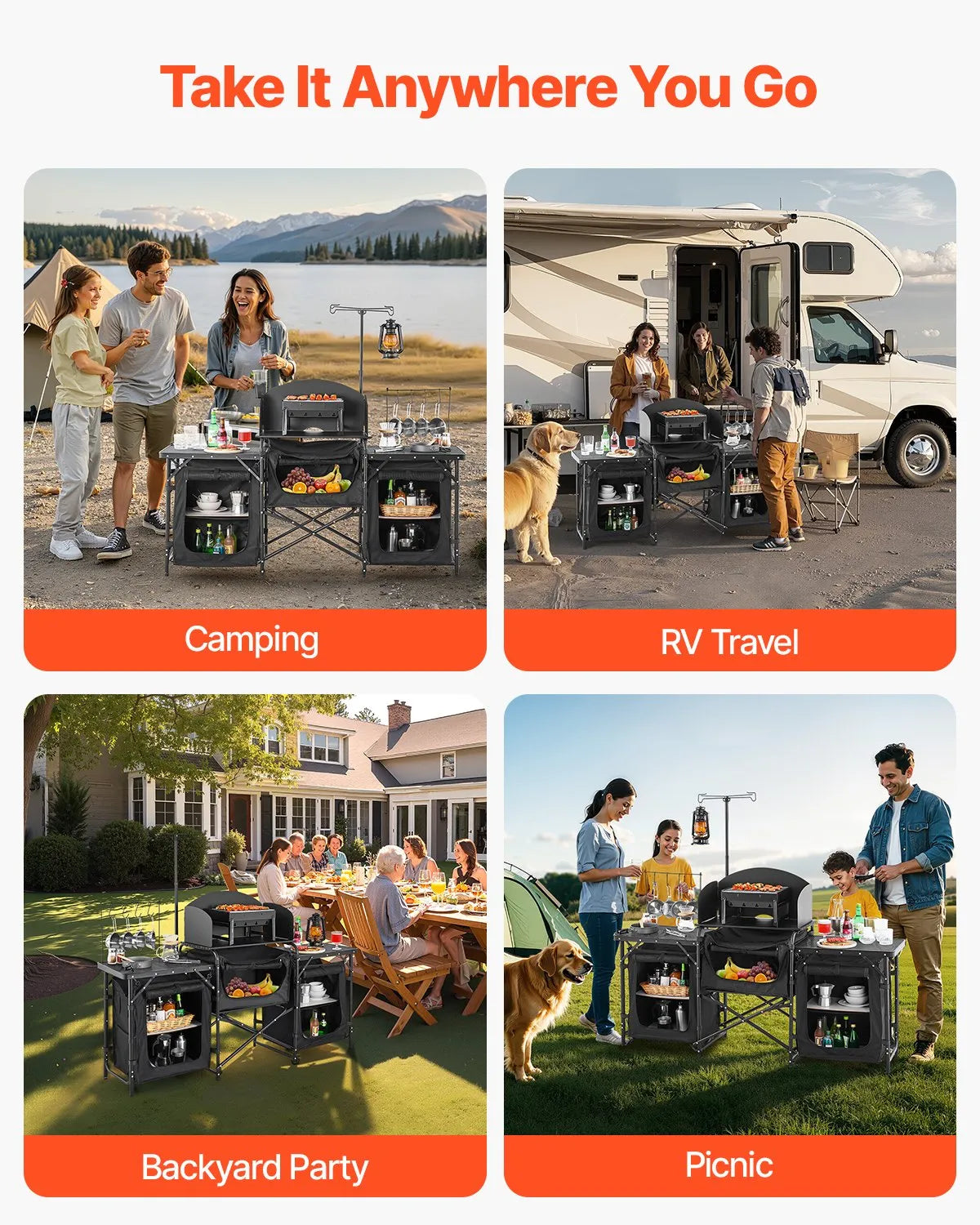 VEVOR camping kitchen table, outdoor folding aluminium cooking table with 3 storage compartments, removable windscreen and carry bag, quick setup for picnics, BBQ, camping and caravan trips, black