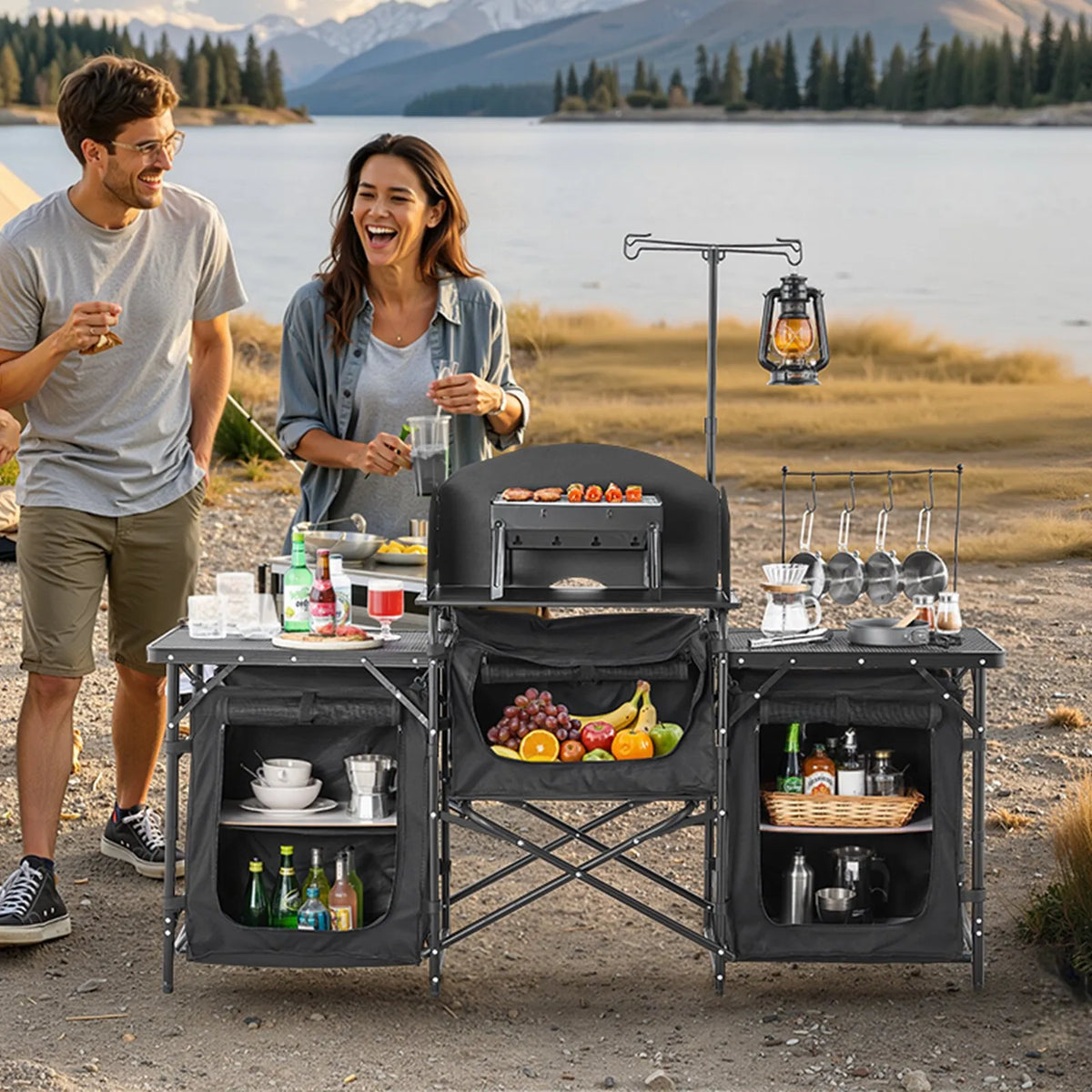 VEVOR camping kitchen table, outdoor folding aluminium cooking table with 3 storage compartments, removable windscreen and carry bag, quick setup for picnics, BBQ, camping and caravan trips, black