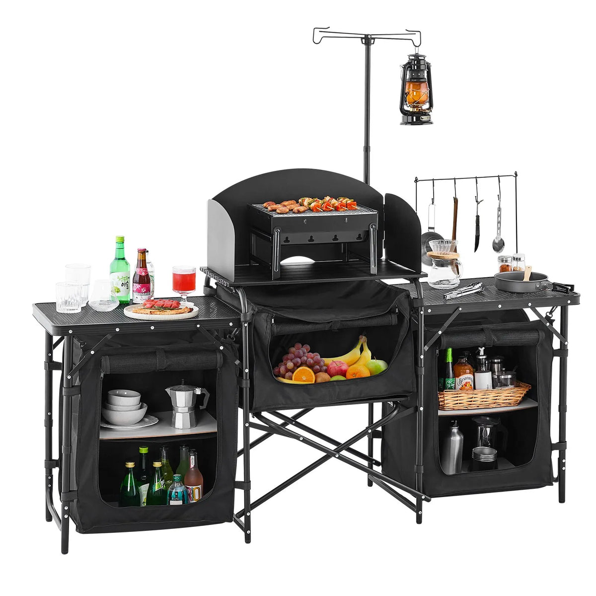 VEVOR camping kitchen table, outdoor folding aluminium cooking table with 3 storage compartments, removable windscreen and carry bag, quick setup for picnics, BBQ, camping and caravan trips, black