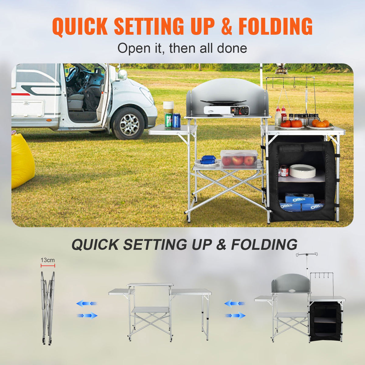 VEVOR Camping Kitchen Table – Foldable Portable Cooking Table with 1 Cabinet and Wind Shield