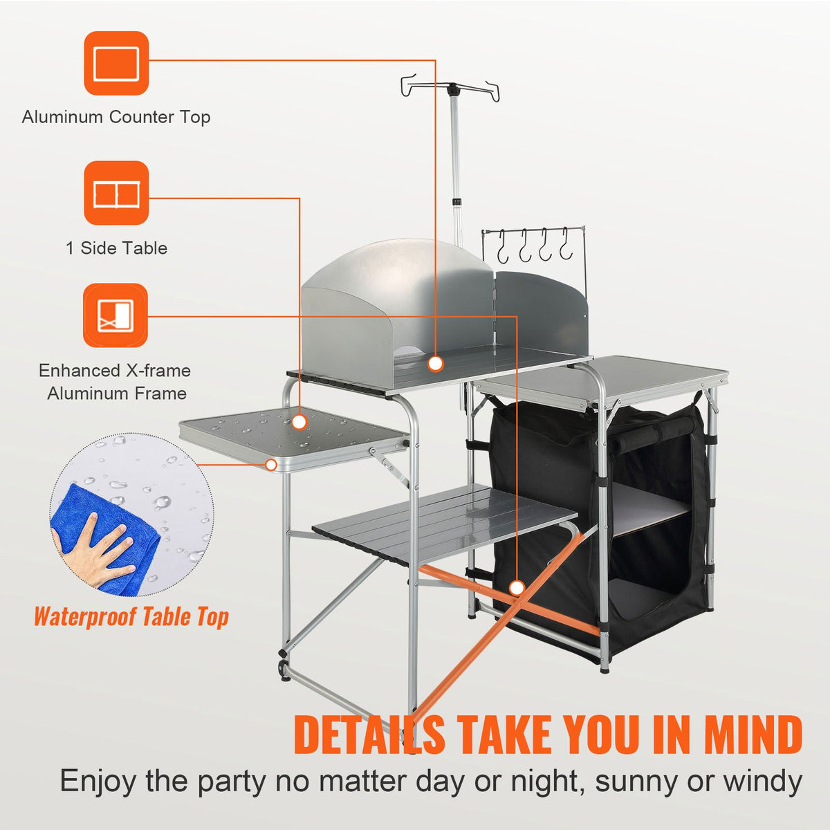 VEVOR Camping Kitchen Table – Foldable Portable Cooking Table with 1 Cabinet and Wind Shield