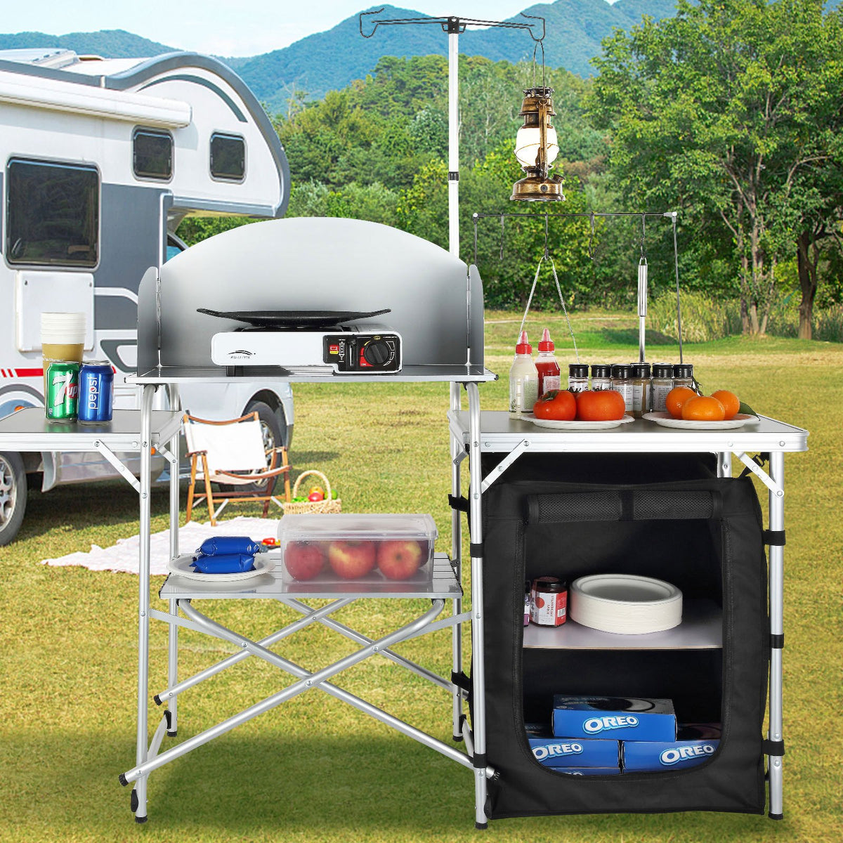 VEVOR Camping Kitchen Table – Foldable Portable Cooking Table with 1 Cabinet and Wind Shield